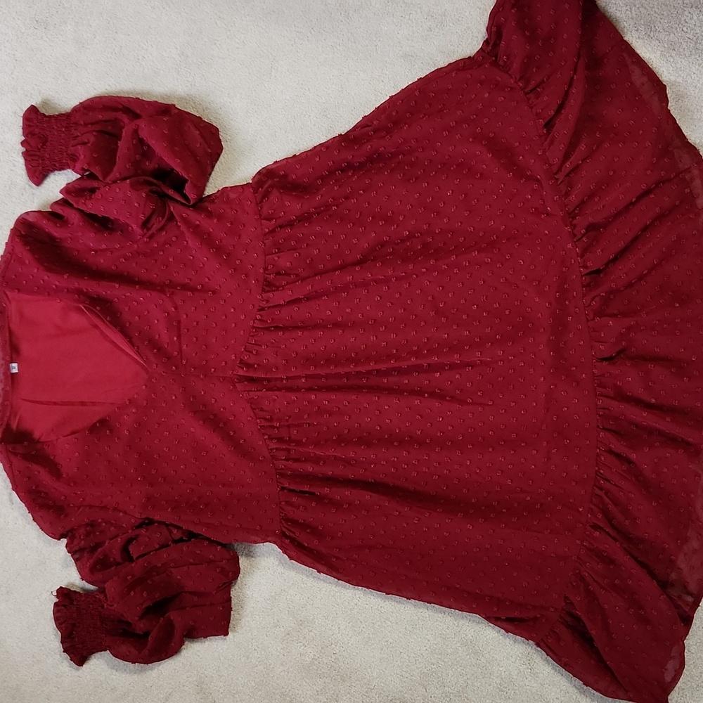 Deep Maroon Dotted VNeck Baby Doll Shift Dress- Medium